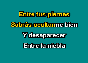 Entre tus piernas

Sabras ocultarme bien
Y desaparecer

Entre Ia niebla