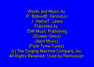 Words and Music byz
P. BotkinlB. DeVorzon
J. HarrisIT. Lewis
Published byz
EMI MUSIC Publishing

(Screen Gems)
(April MUSIC)
(Flyte Tyme Tunes)
(c) The Singing Machine Company, Inc.
All Rights Reserved, Used by Permission.