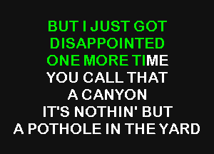 BUT I JUST GOT
DISAPPOINTED
ONEMORETIME
YOU CALL THAT
ACANYON
IT'S NOTHIN' BUT
A POTHOLE IN THEYARD