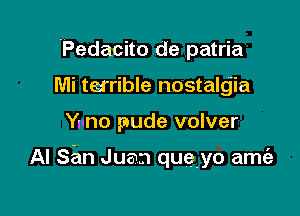 'Pedacito de patria
Mi terrible nostalgia

Ynno pude volver

Al San Juan queyo amt'e