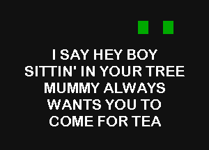 ISAY HEY BOY
SI'ITIN' IN YOUR TREE

MUMMY ALWAYS
WANTS YOU TO
COME FOR TEA
