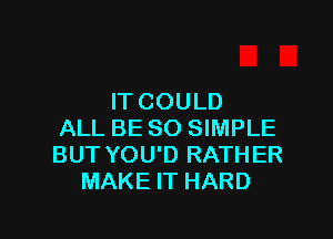 IT COULD

ALL BE SO SIMPLE
BUT YOU'D RATHER
MAKE IT HARD