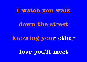 I watch you walk
down the street
knowing your other

love you'll meet