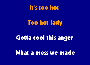 It's too hot

Too hot lady

Gotta cool this anger

What a mess we made