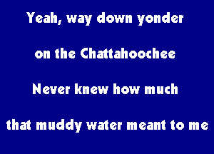 Yeah, way down yonder
on the Chattahoochee
Never knew how much

that muddy water meant to me