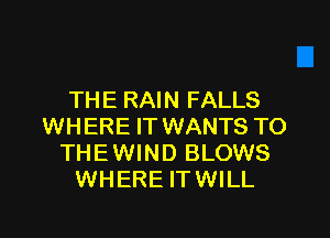 THE RAIN FALLS

WHERE IT WANTS TO
THE WIND BLOWS
WHERE ITWILL