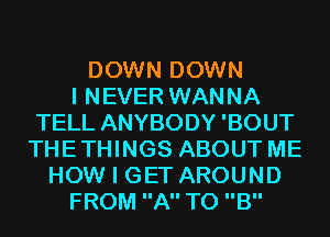 DOWN DOWN
I NEVER WANNA
TELL ANYBODY 'BOUT
THETHINGS ABOUT ME
HOW I GET AROUND
FROM A TO B