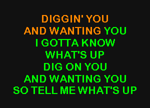 DIGGIN'YOU
AND WANTING YOU
IGO'ITA KNOW

WHAT'S UP
DIG ON YOU

AND WANTING YOU
SO TELL ME WHAT'S UP