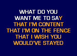 WHAT DO YOU
WANT ME TO SAY
THAT I'M CONTENT

THAT I'M ON THE FENCE
THAT I WISH YOU
WUULD'VE STAYED