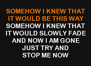 SOMEHOW I KNEW THAT
IT WOULD BETHIS WAY
SOMEHOW I KNEW THAT
IT WOULD SLOWLY FADE
AND NOW I AM GONE
JUST TRY AND
STOP ME NOW