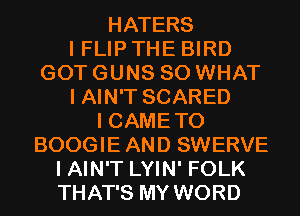 HATERS
I FLIP THE BIRD
GOT GUNS SO WHAT
I AIN'T SCARED
I CAME T0
BOOGIE AND SWERVE
I AIN'T LYIN' FOLK
THAT'S MY WORD