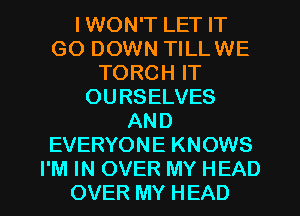 I WON'T LET IT
GO DOWN TILLWE
TORCH IT
OURSELVES
AND
EVERYONE KNOWS
I'M IN OVER MY HEAD
OVER MY HEAD