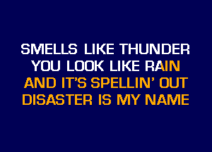 SMELLS LIKE THUNDER
YOU LOOK LIKE RAIN
AND IT'S SPELLIN' OUT
DISASTER IS MY NAME