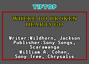 'I'IP'I'OP

WHERE DO BROKEN
HEARTS GO

HriterzHildhorn, Jackson
PublisherzSony Songs,
Scarauanga

Hillian A. Cohen,
Sony Tree, Chrysalis