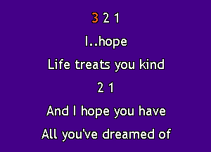 321
Inhope

Life treaB you kind

2 1
And I hope you have

All you've dreamed of