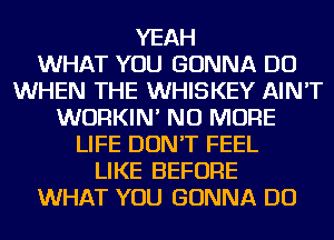 YEAH
WHAT YOU GONNA DO
WHEN THE WHISKEY AIN'T
WURKIN' NO MORE
LIFE DON'T FEEL
LIKE BEFORE
WHAT YOU GONNA DO