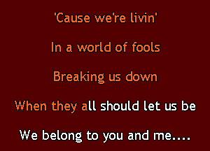 'Cause we're livin'
In a world of fools
Breaking us down

When they all should let us be

We belong to you and me....