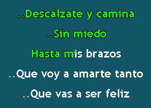 ..Descalzate y camina
..Sin miedo

Hasta mis brazos

..Que voy a amarte tanto

..Que vas a ser feliz l