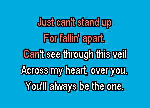 Just can't stand up
For fallin' apart.

Can't see through this veil
Across my heart, over you.
You'll always be the one.