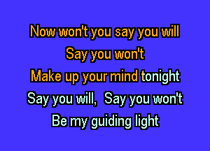Now won't you say you will
Say you won't

Make up your mind tonight
Say you will. Say you won't
Be my guiding light