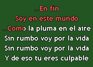 ..En fin
Soy en este mundo
..Como la pluma en el aire
Sin rumbo voy por la Vida
Sin rumbo voy por la Vida
Y de eso tL'I eres culpable