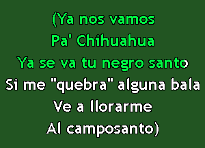 (Ya nos vamos
Pa' Chihuahua
Ya se va tu negro santo
Si me quebra alguna bala
Ve a llorarme
Al camposanto)