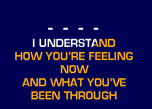 I UNDERSTAND
HOW YOU'RE FEELING
NOW
AND WHAT YOU'VE
BEEN THROUGH