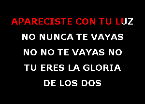 APARECISTE CON TU LUZ
N0 NUNCA TE VAYAS
N0 N0 TE VAYAS N0
TU ERES LA GLORIA

DE LOS DOS