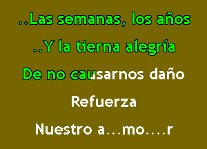 ..Las semanas, los arias
..Y la tierna alegria
De no causarnos dalao

Refuerza

Nuestro a...mo....r l