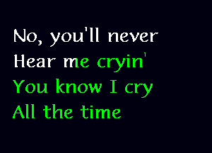 No, you'll never
Hear me cryin'

You know I cry
All the time