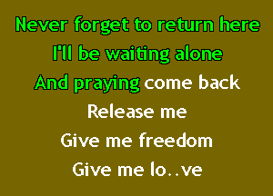 Never forget to return here
I'll be waiting alone
And praying come back
Release me
Give me freedom
Give me lo..ve