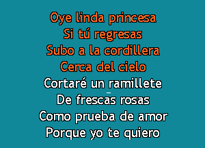 Oye linda princesa
Si tLi regresas
Subo a la cordillera
Cerca del cielo
Cortarci. un ramillete
De frescais rosas

Como prueba de amor
Porque yo te quiero l