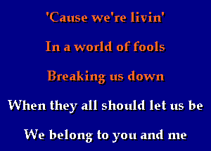 'Cause we're livin'
In a world of fools
Breaking us down

When they all should let us be

We belong to you and me