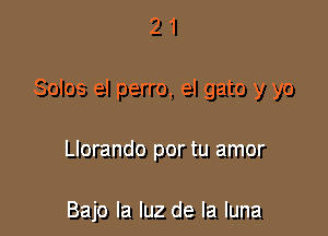 21

Solos el perro, el gato y yo

Llorando por tu amor

Bajo la luz de la luna