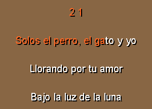 21

Solos el perro, el gato y yo

Llorando por tu amor

Bajo la luz de la luna