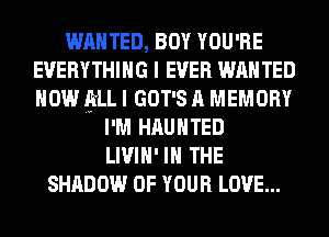 WANTED, BOY YOU'RE
EVERYTHING I EVER WANTED
HOW fiLL I GOT'S A MEMORY

I'M HAUNTED
LIVIH' IN THE
SHADOW OF YOUR LOVE...