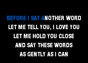 BEFORE I SAY ANOTHER WORD
LET ME TELL YOU, I LOVE YOU
LET ME HOLD YOU CLOSE
AND SAY THESE WORDS
AS GENTLY AS I CAN