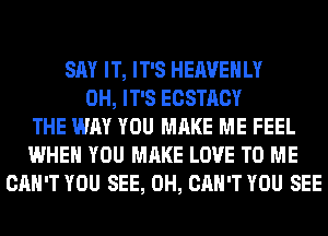 SAY IT, IT'S HEAVEHLY
0H, IT'S ECSTACY
THE WAY YOU MAKE ME FEEL
WHEN YOU MAKE LOVE TO ME
CAN'T YOU SEE, 0H, CAN'T YOU SEE