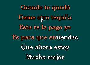 Grande te quedc')
Dame ng tequila
Esta te la page yo

Es para que entiendas

Que ahora estoy

Mucho mejo r