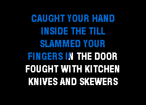 CRUGHT YOUR HAND
INSIDE THE TILL
SLAMMED YOUR

FINGERS IN THE DOOR
FOUGHT WITH KITCHEN

KNIVES AND SKEWEBS l