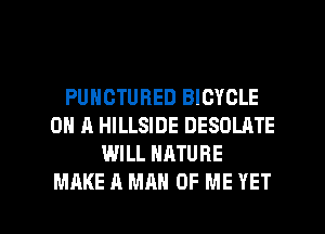 PUHCTUBED BICYCLE
ON A HILLSIDE DESOLATE
WILL NATURE

MAKE A MAN OF ME YET l