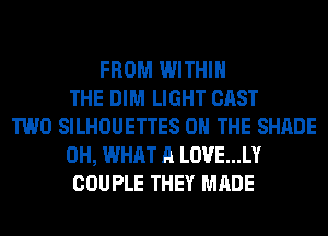 FROM WITHIN
THE DIM LIGHT CAST
TWO SILHOUETTES ON THE SHADE
0H, WHAT A LOVE...LY
COUPLE THEY MADE