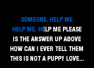 SOMEONE, HELP ME
HELP ME, HELP ME PLEASE
IS THE ANSWER UP ABOVE

HOW CAN I EVER TELL THEM
THIS IS NOT A PUPPY LOVE...