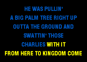 HE WAS PULLIH'

A BIG PALM TREE RIGHT UP
OUTTA THE GROUND AND
SWATTIH' THOSE
CHARLIES WITH IT
FROM HERE TO KINGDOM COME