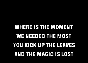 WHERE IS THE MOMENT
WE NEEDED THE MOST
YOU KICK UP THE LEAVES
AND THE MRGIC IS LOST