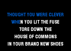 THOUGHT YOU WERE CLEVER
WHEN YOU LIT THE FUSE
TORE DOWN THE
HOUSE OF COMMONS
IN YOUR BRAND NEW SHOES