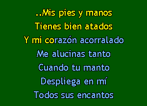 ..Mis pies y manos
Tienes bien atados
Y mi corazdn acorralado
Me alucinas tanto
Cuando tu manto
Despliega en mi

Todos sus encantos l