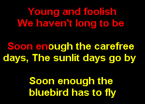 Young and foolish
We haven't long to be

Soon enough the carefree
days, The sunlit days go by

Soon enough the
bluebird has to fly