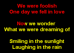 We were foolish
One day we fell in love

Now we wonder
What we were dreaming of

Smiling in the sunlight
Laughing in the rain