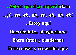 ..Sabes que sigo espera'mdote
..,'Y, eh, eh, eh, eh, eh, eh, eh!
..Estoy aquf
Querwndote, ahoga'mdome
Entre fotos y cuadernos

Entre cosas y recuerdos que